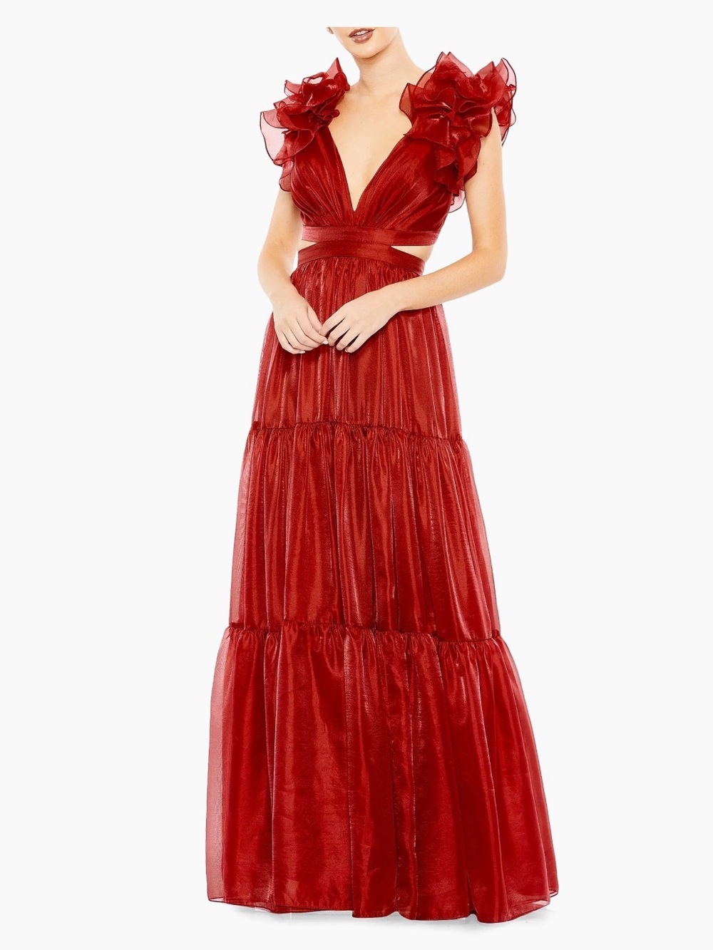 Mac Duggal 49528 Wine Ruffle Tiered Cutout Tie Back Gown Size 2 NWT